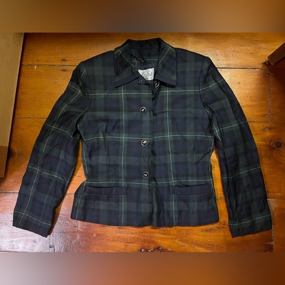 Le Suit 8 Women’s Plaid blazer Jacket green blue button front classic